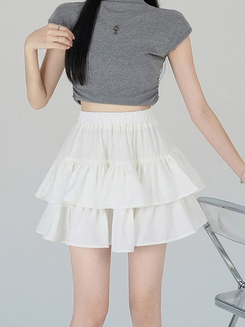 White ruffled cake skirt skirt for women summer large size high waist slim ballet style A-line puff chiffon short skirt