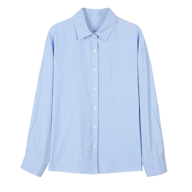Blue striped shirt jacket for women in spring and autumn casual style, large size, versatile, loose, slim, chic and beautiful top cardigan
