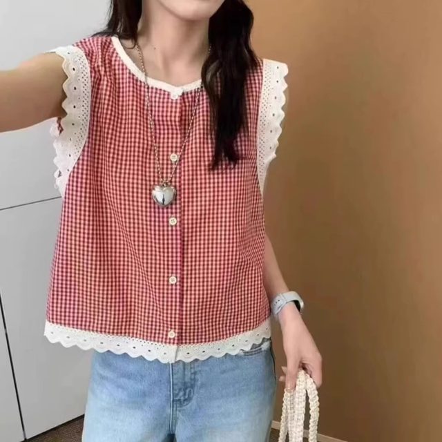 
European lace lace plaid cotton linen shirt for women 2025 summer new design sleeveless doll shirt vest trend
