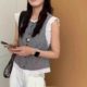
European lace lace plaid cotton linen shirt for women 2025 summer new design sleeveless doll shirt vest trend