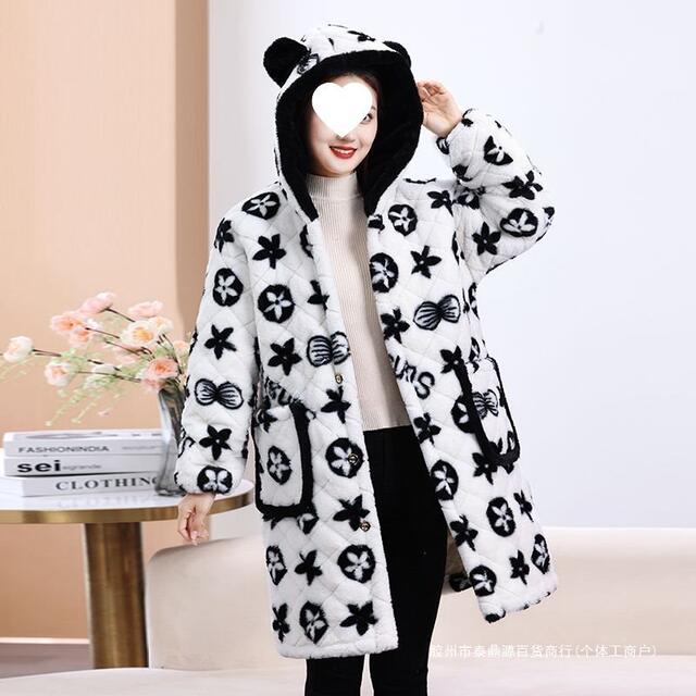 Middle -aged and elderly women's winter jacket Momsmate Mother Put a cotton jacket to keep warm and velvet thickened hooded printed cotton jacket anti -pollution
