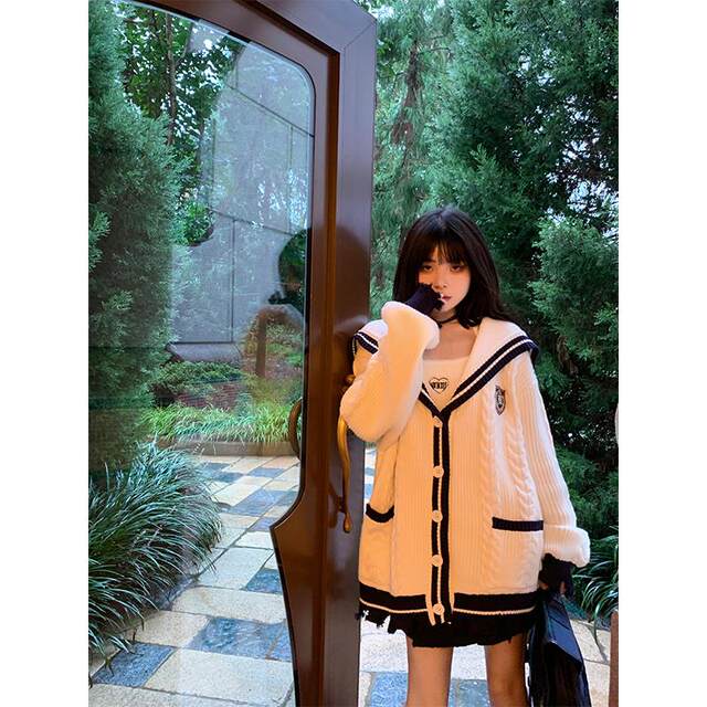 11SH97 Navy Collar Sweater Women's 2024 Autumn New Cardigan Jacket Loose Casual Knitted Sweater
