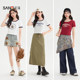 Sanfu short T-shirt 2025 summer American pattern printed contrasting short round neck top women's clothing 495811
