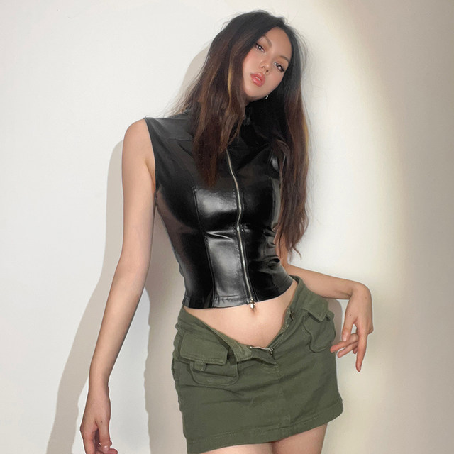 WEIRD PUSS European and American hot girl style double zipper stand collar backless vest top Slim-fitting sleeveless PU leather waistcoat