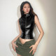 WEIRD PUSS European and American hot girl style double zipper stand collar backless vest top Slim-fitting sleeveless PU leather waistcoat