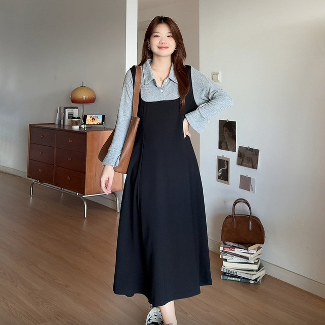 A slightly fat Meow Meow Large size women's fat mm in autumn, huge and beautiful slim two-piece A-line dress 6651