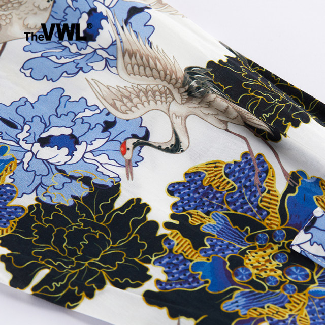 VWL crane print shirt, autumn new style of men and women for men and women, Chinese style ins trendy long-sleeved large-size white shirt