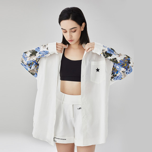 VWL crane print shirt, autumn new style of men and women for men and women, Chinese style ins trendy long-sleeved large-size white shirt