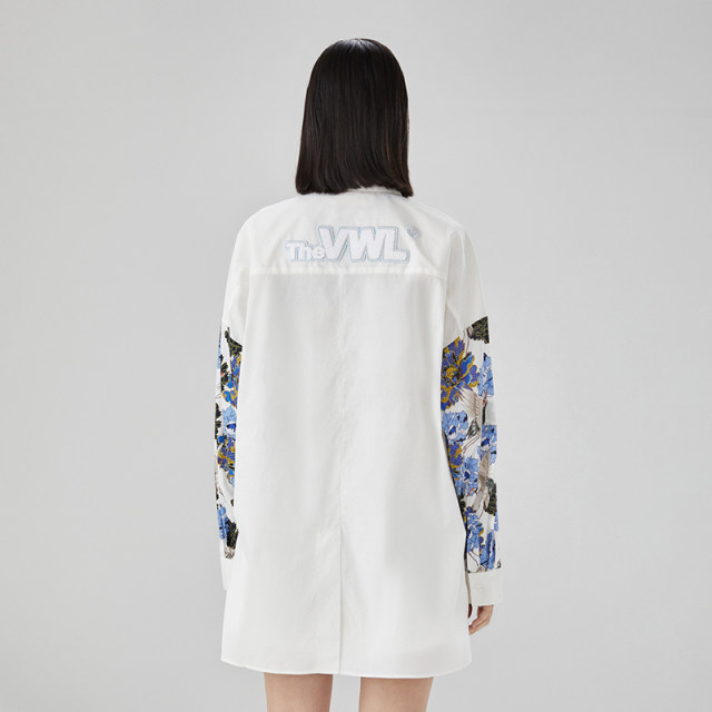 VWL crane print shirt, autumn new style of men and women for men and women, Chinese style ins trendy long-sleeved large-size white shirt