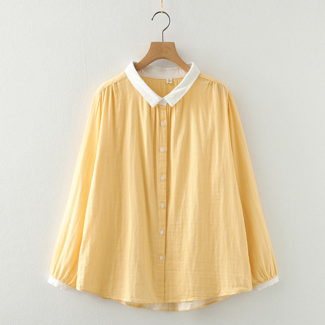 Double-layer cotton garland plaid long-sleeved shirt for women loose large size 2025 spring clothing literary and casual pure cotton soft shirt
