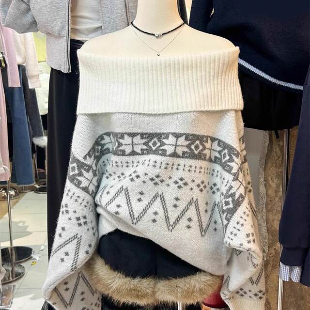 One-shoulder gray thickened Fair Island sweater for women in autumn and winter lazy style sweater loose turtleneck warm top

