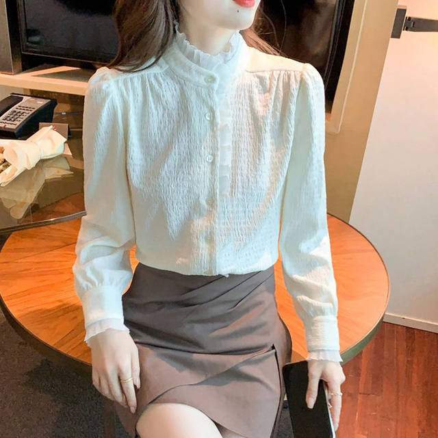 Autumn and winter plus thickened fungus edge lingering long -sleeved shirt feminine fashion fashion inner baptis

