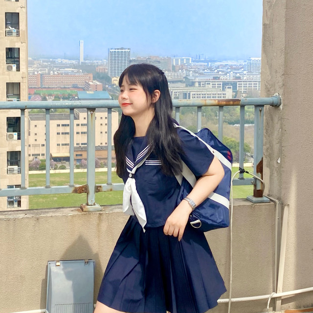 Acarian big size JK fat MM orthodox 绀 three basic sailor uniforms college short skirt short long -sleeved suit women
