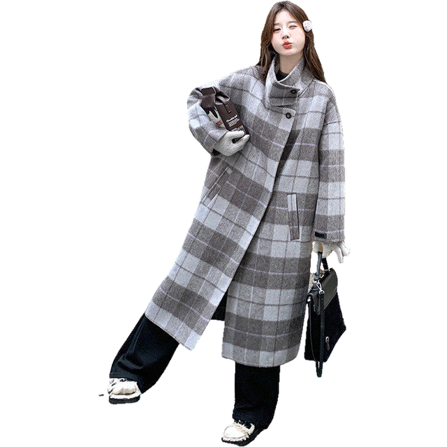 Spot loose new style is available for sale in 2024 winter Korean version of high-quality versatile long plaid double-sided cashmere coat
