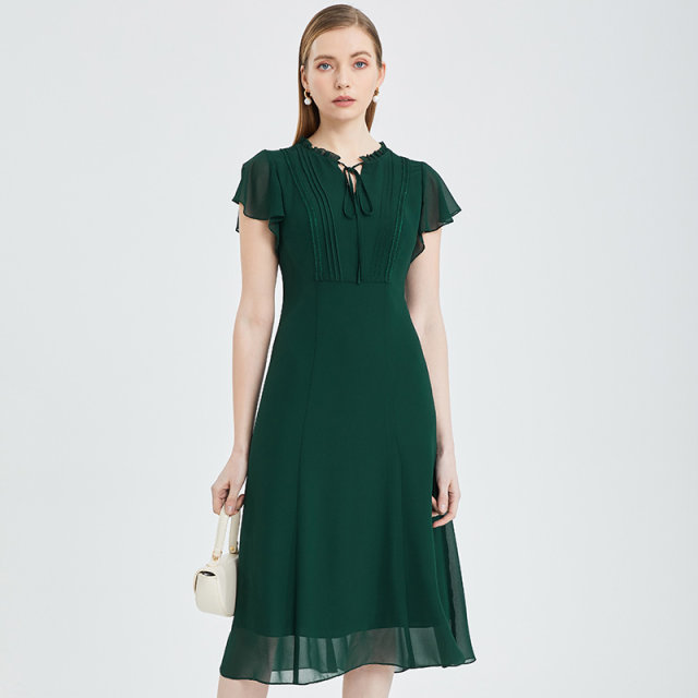 The same style of Matiannu women's clothing in the mall, the new spring and summer products, solid color lotus leaf sleeve dress, pleated high-waisted chiffon skirt

