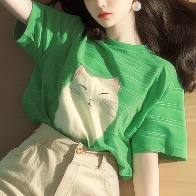 Green striped short-sleeved T-shirt for women 2025 new hot summer loose dopamine fashionable age-reducing top
