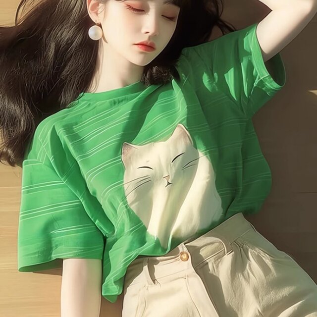 Green striped short-sleeved T-shirt for women 2025 new hot summer loose dopamine fashionable age-reducing top
