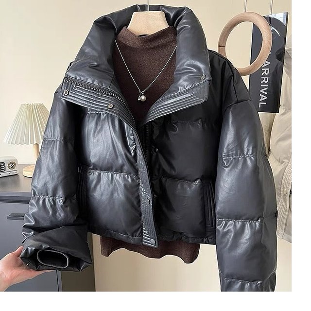 European winter stand collar pu leather no-wash down cotton jacket for women fashionable small person thick warm bread jacket trendy
