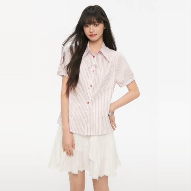 Pink ers co-branded summer age-reducing red striped bow short-sleeved design puff sleeve shirt for women
