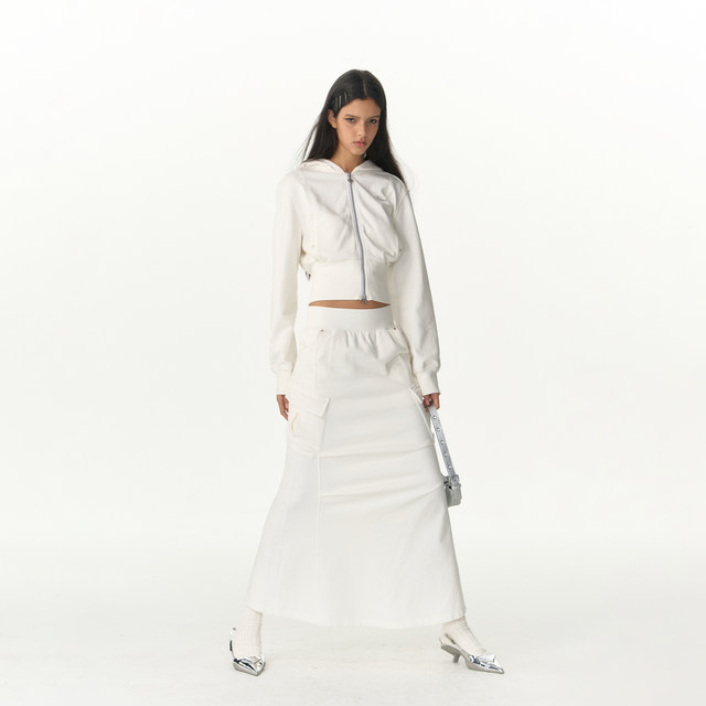 IMXS mid-length workwear knitted half-body long skirt fish tail slim fit casual wash water old pocket skirt for women
