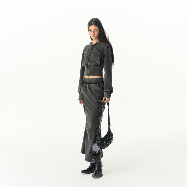 IMXS mid-length workwear knitted half-body long skirt fish tail slim fit casual wash water old pocket skirt for women