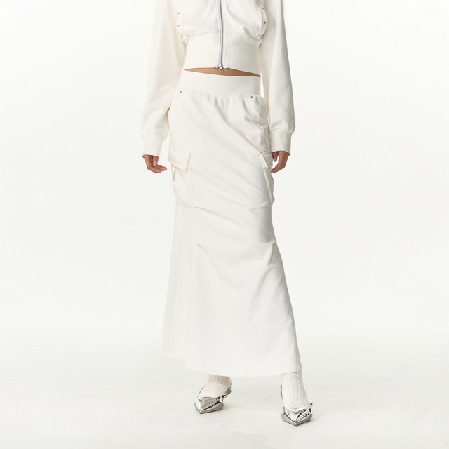 IMXS mid-length workwear knitted half-body long skirt fish tail slim fit casual wash water old pocket skirt for women