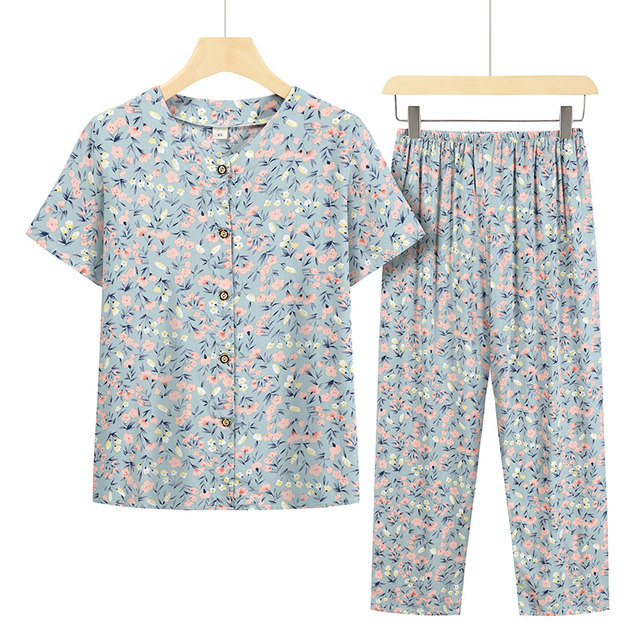 Middle -aged and elderly women summer pretend grandmother short -sleeved two -piece shirt elderly mother clothes elderly cotton silk top