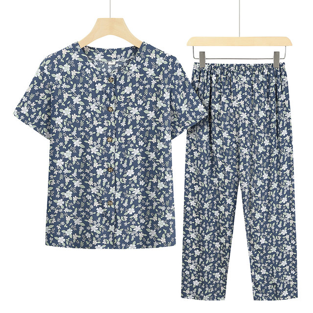 Middle -aged and elderly women summer pretend grandmother short -sleeved two -piece shirt elderly mother clothes elderly cotton silk top