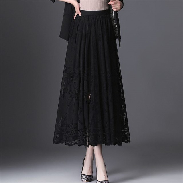 Lace skirt for women 2025 spring and autumn popular versatile A-line mid-length skirt with large mesh hollow fairy pleated skirt
