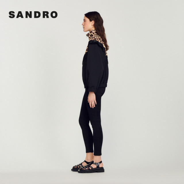 SANDRO Outlets Women's French Fashion Contrast Leopard Print Spliced ​​Zipper Jacket SFPBL00739
