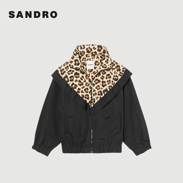 SANDRO Outlets Women's French Fashion Contrast Leopard Print Spliced ​​Zipper Jacket SFPBL00739
