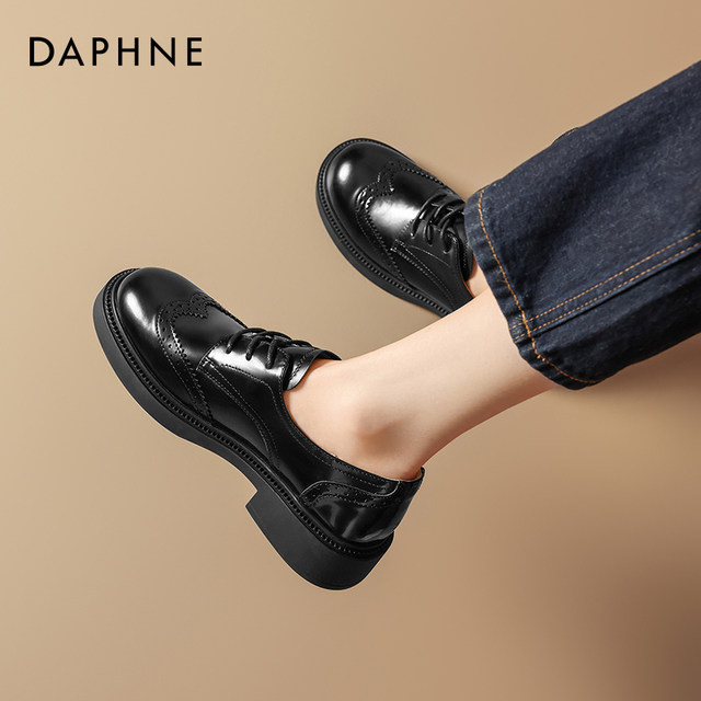 Daphne black leather shoes for women 2025 new summer Brock Oxford women's shoes lace-up versatile loafers