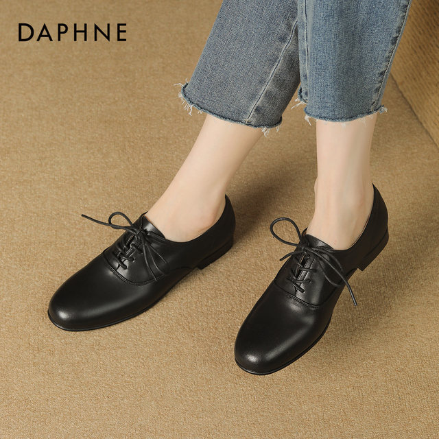 Daphne deep mouth single shoes for women 2025 autumn flat-soled commuter black lace-up leather shoes for autumn without tiring feet loafers