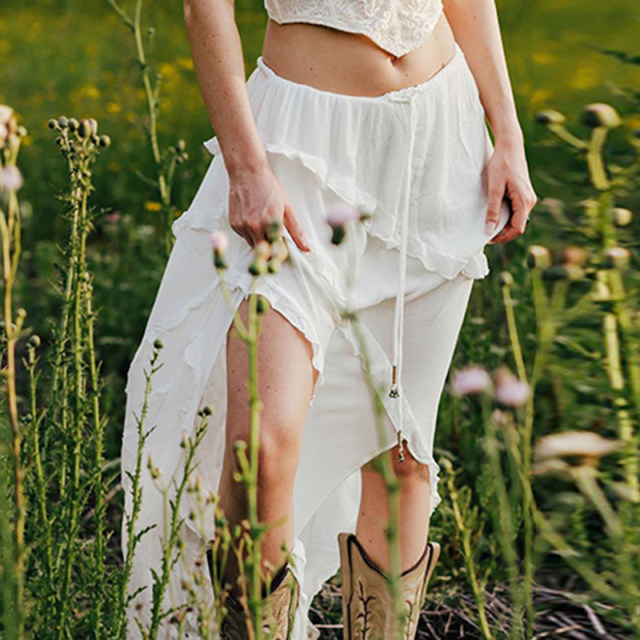 AOMR French gentle white ruffled flowing skirt for women on vacation style fairy lace-up waist slit long skirt