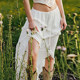 AOMR French gentle white ruffled flowing skirt for women on vacation style fairy lace-up waist slit long skirt