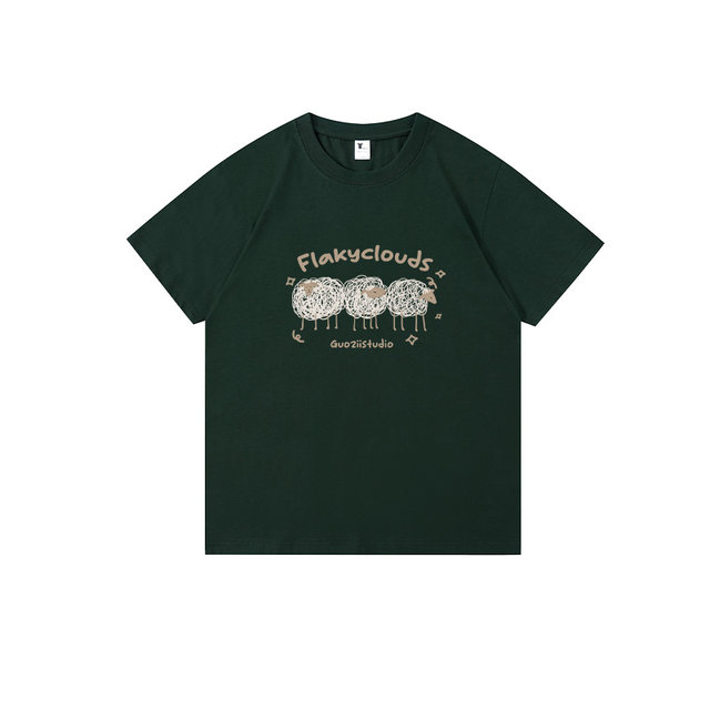 Guozii dark green small short-sleeved T-shirt for women with front shoulders slimming oversize pure cotton round neck casual top