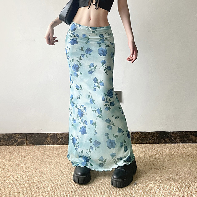 eilove French retro temperament mesh straight long skirt women's vacation style blue rose printed slim skirt