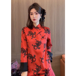 The annual dragon year clothes new Chinese national style red collar tang dress clasp improved cheongsam dress woman autumn and winter