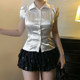IUAE fashionable pearl white French polka dot satin short-sleeved shirt for women polo collar and waist-tightening cardigan