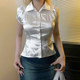 IUAE fashionable pearl white French polka dot satin short-sleeved shirt for women polo collar and waist-tightening cardigan