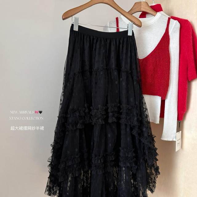 Fairy white lace skirt for women in spring, autumn and winter new A-line gauze skirt sweet princess fluffy cake long skirt