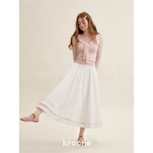Kroche 25ss long cotton French embroidered lace spliced ​​high waist A-line skirt