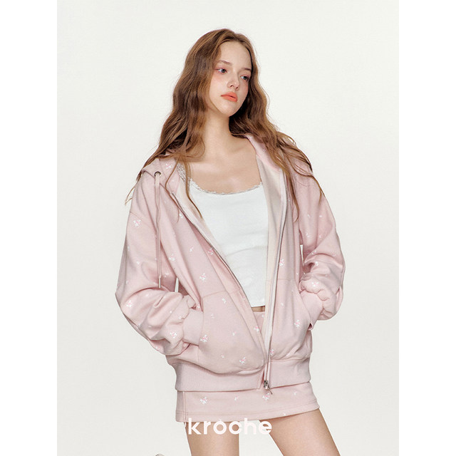 K Roche Kroche Cream Rose Rose Print Hooded Loose Sweatshirt Coat + Skirt Pants