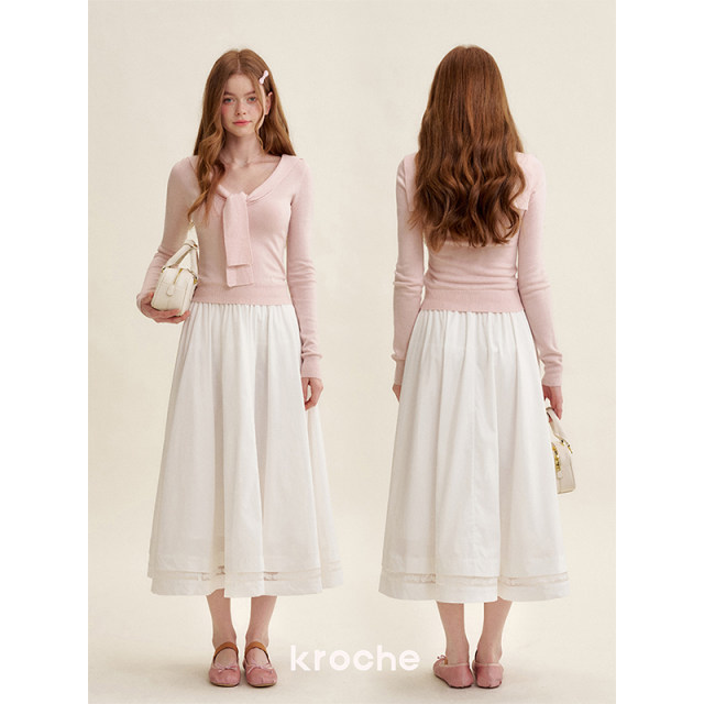 Kroche 25ss long cotton French embroidered lace spliced ​​high waist A-line skirt