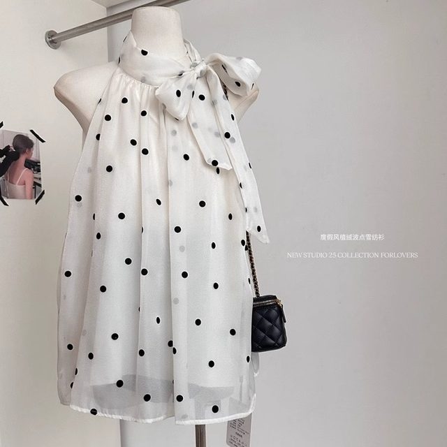 Polka dot bow tie halter sleeveless vest for women summer high-end temperament loose slim chiffon shirt top