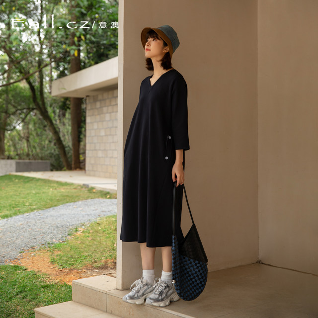 Yiao Spring 2025 new pure cotton loose casual slim large size over-knee slit long skirt base dress
