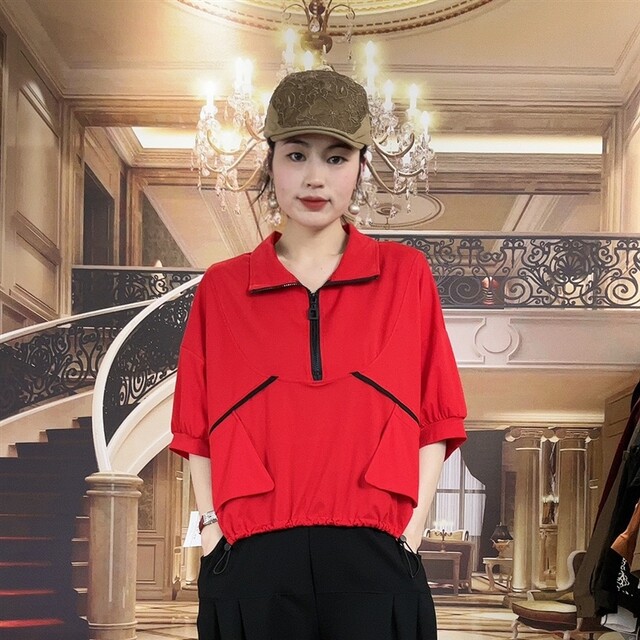 Contrast color pocket mid-sleeved top for women 2025 summer new casual bat sleeve zipper stand collar short-sleeved T-shirt