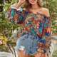 European and American vacation -style top spring and summer women's sexy shoulder -shaped collar shirts lace -up printed long -sleeved shirt
