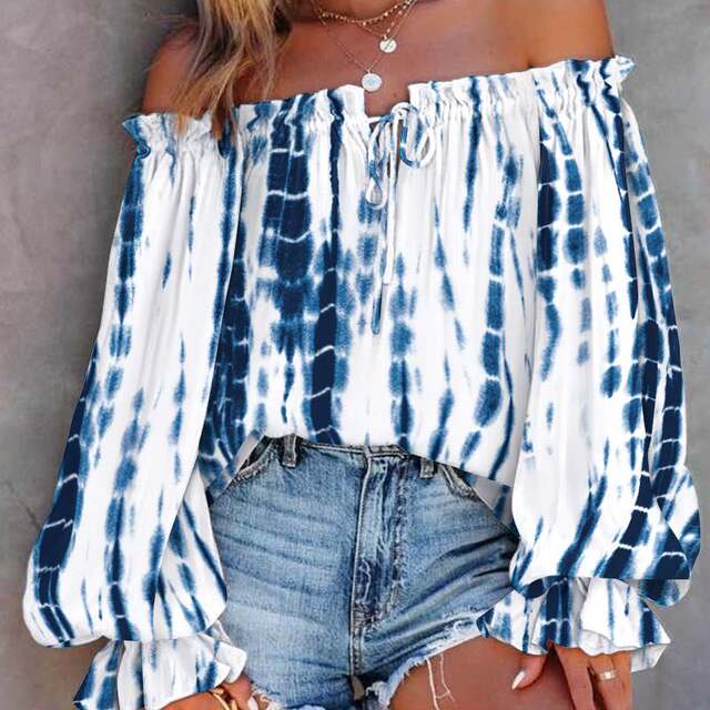 European and American vacation -style top spring and summer women's sexy shoulder -shaped collar shirts lace -up printed long -sleeved shirt
