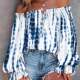 European and American vacation -style top spring and summer women's sexy shoulder -shaped collar shirts lace -up printed long -sleeved shirt
